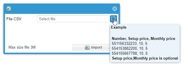 Original MagnusBilling DID CSV import dialog showing the expected columns.
